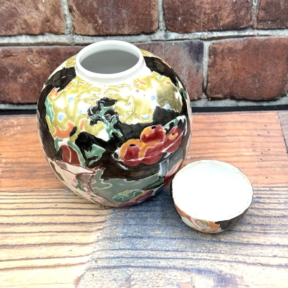 Vtg China Trader Porcelain Ginger Jar W/Lid Majolica Style Fruit Nightingale's‎